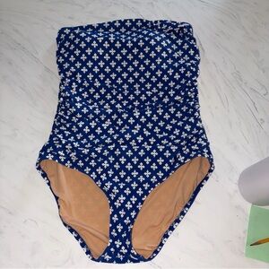 J Crew blue white print strapless swimsuit one piece bathing suit large